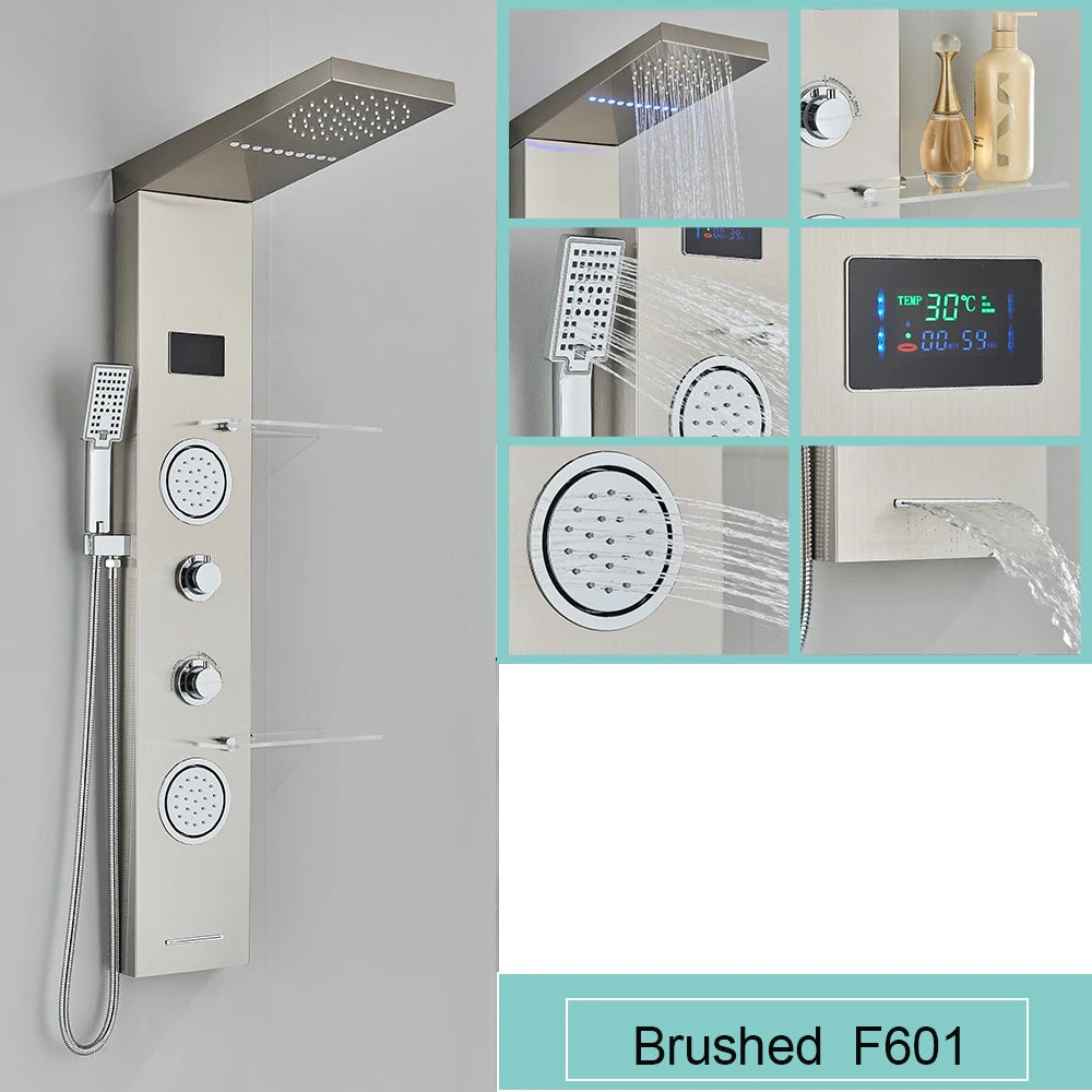 Black LED Light Shower Panel Waterfall Rain Shower Faucets SPA Massage Jet Bath Shower Column Shower system Mixer Tap Tower