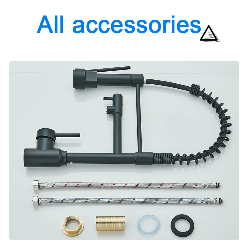 Black Kitchen Faucet With Pull Down Spring Sprayer Deck Mounted Hot and Cold Water Mixer Tap Dual Spout Nozzle Faucets Crane