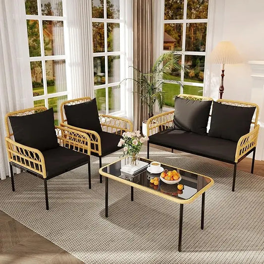 4 Pieces Outdoor Patio Furniture Set With Table - Rattan Balcony Furniture For Porch Or Deck, Includes Chaise Lounge,