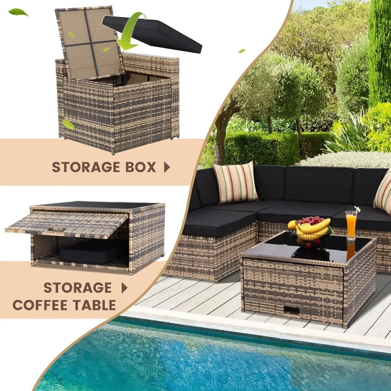 8 Piece Outdoor Wicker Patio Furniture Sectional Set, Glass Top Table With Hidden Storage, Includes 7 Seating Components