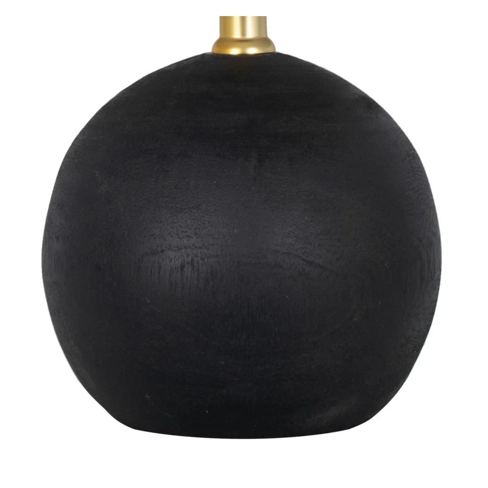12.5 Inch Mini Black Wood Ball Table Lamp with White Fabric Shade Push Through Switch Home Office Bedroom Lighting