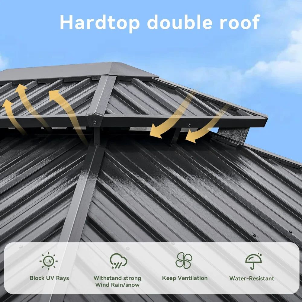 10'x12' Hardtop Gazebo, Aluminum Frame Canopy with Double Galvanized Steel Roof, Outdoor Metal Pavilion with Netting, Curtains