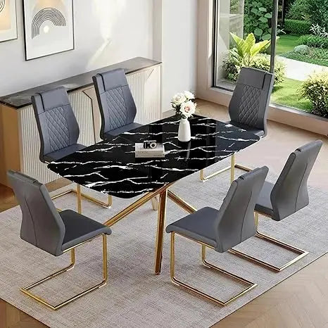 Modern Dining Table Set for 6, 63" Dinner Table Set for 6,Marble-Patterned Tempered Glass Kitchen Tabletop Silver Legs and 6 Bla