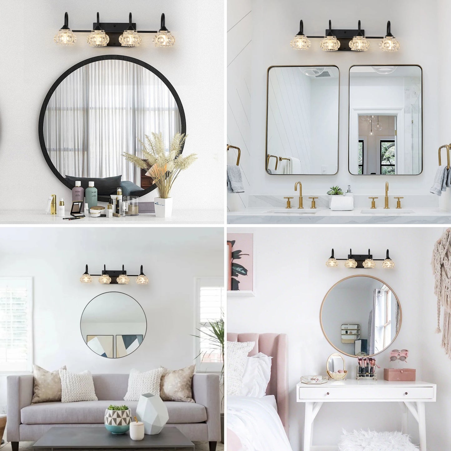 23" Retro 4-Light Bathroom Vanity Light Fixture - Black Finish with Crystal Glass Shades, Wall Mounted Lighting