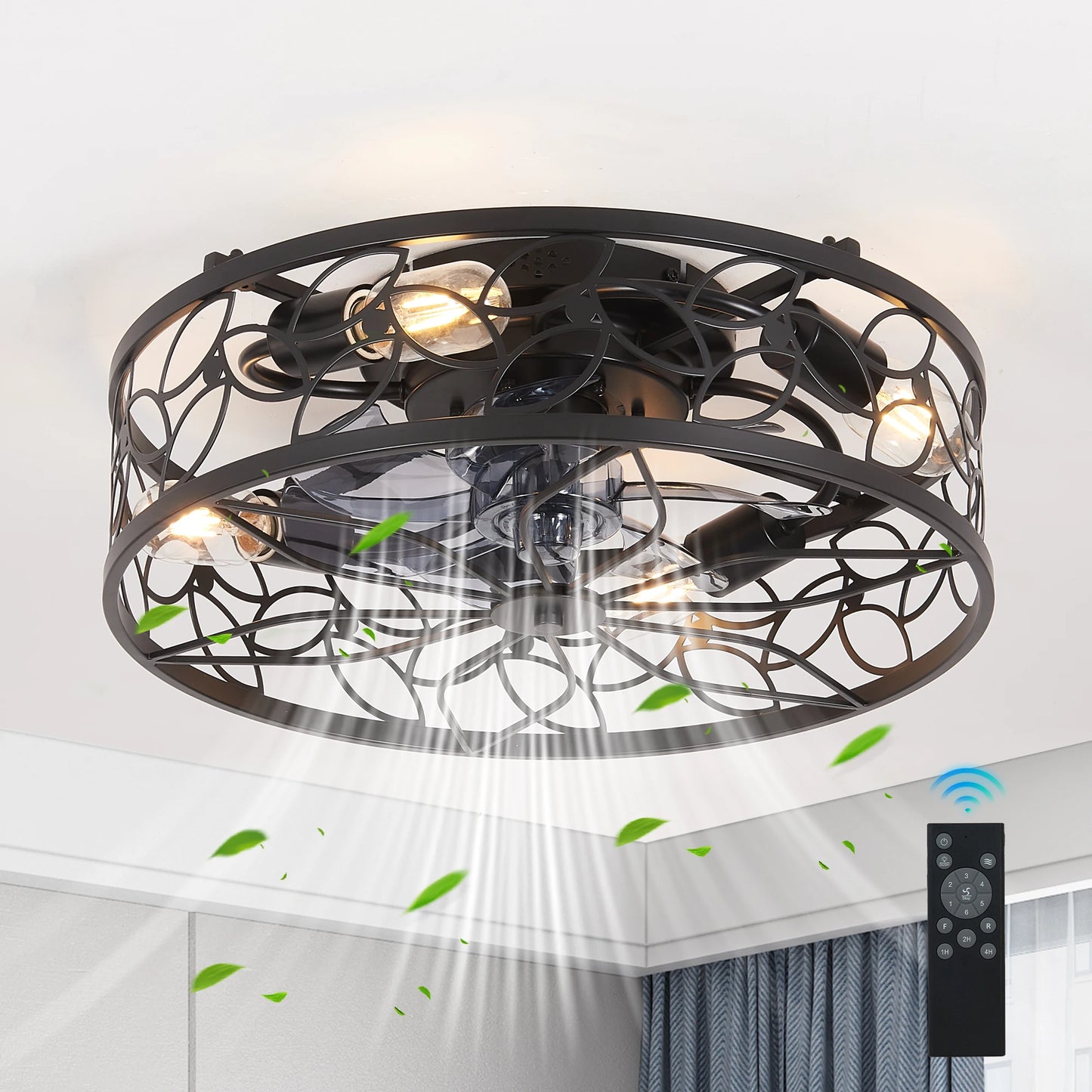 18 Inch Black Vintage Caged Ceiling Fan Light  Quiet Operation,Remote Control,Industrial Style for Living Room,Bedroom(No Bulb)