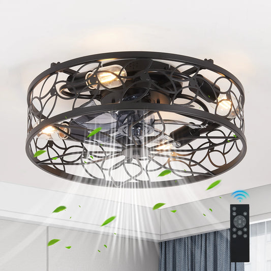 18 Inch Black Vintage Caged Ceiling Fan Light  Quiet Operation,Remote Control,Industrial Style for Living Room,Bedroom(No Bulb)
