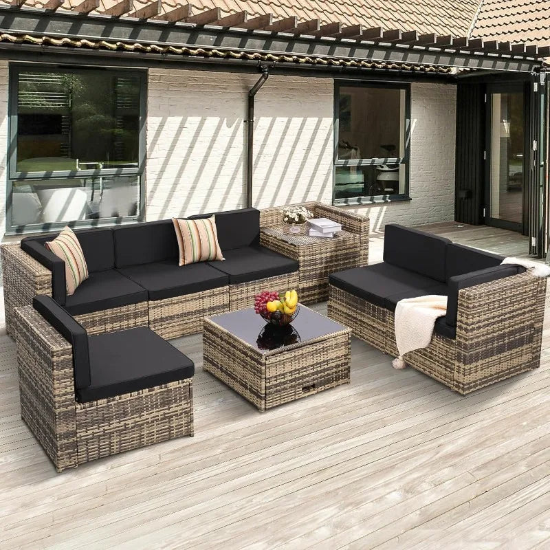 8 Piece Outdoor Wicker Patio Furniture Sectional Set, Glass Top Table With Hidden Storage, Includes 7 Seating Components