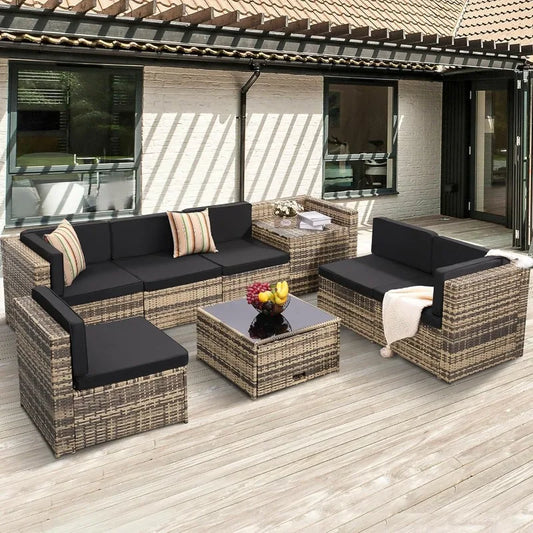 8 Piece Outdoor Wicker Patio Furniture Sectional Set, Glass Top Table With Hidden Storage, Includes 7 Seating Components
