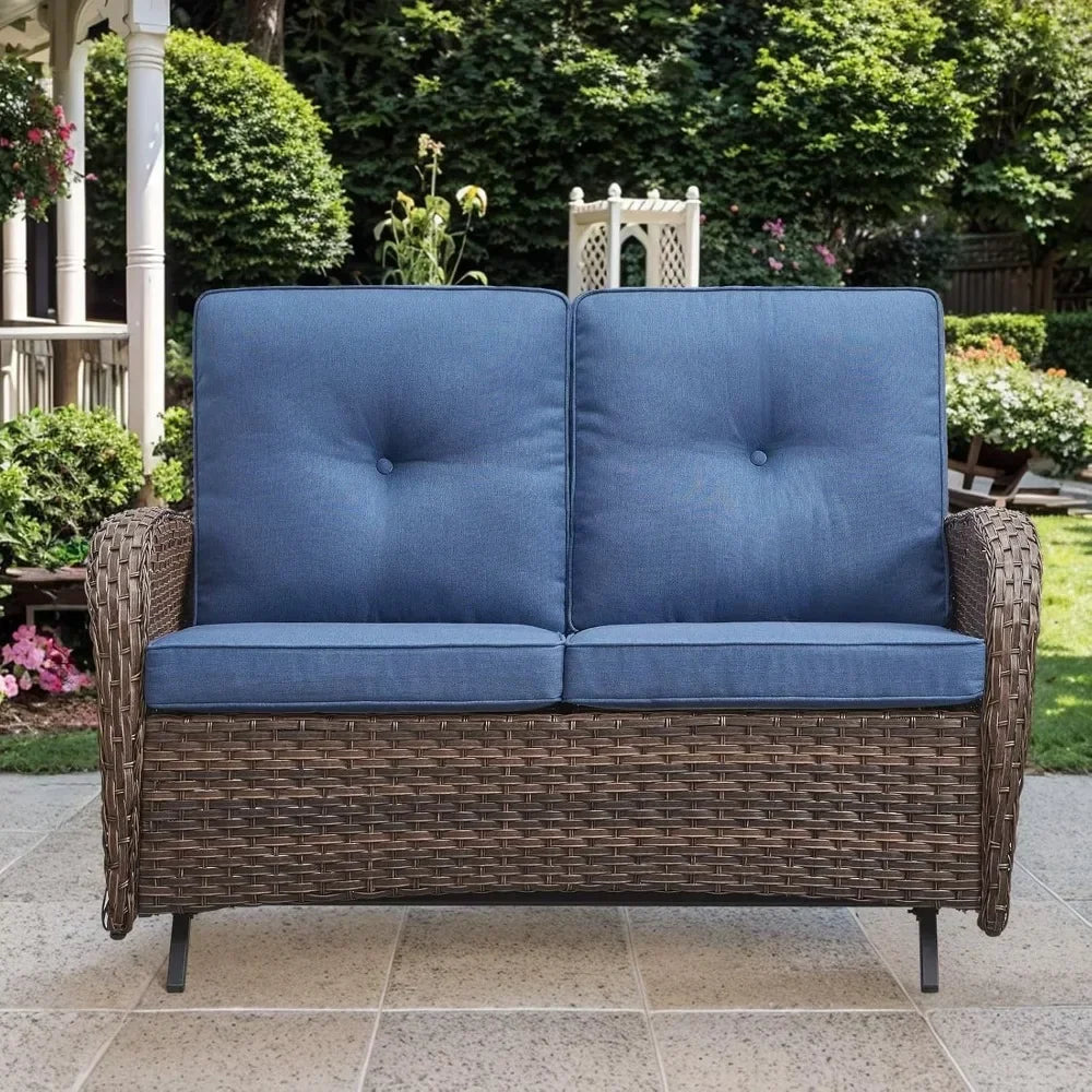 Patio Loveseat Wicker Loveseat Rattan Glider Sofa with Curved Armrest Thicking Back & Seat Cushions for Garden Balcony Backyard