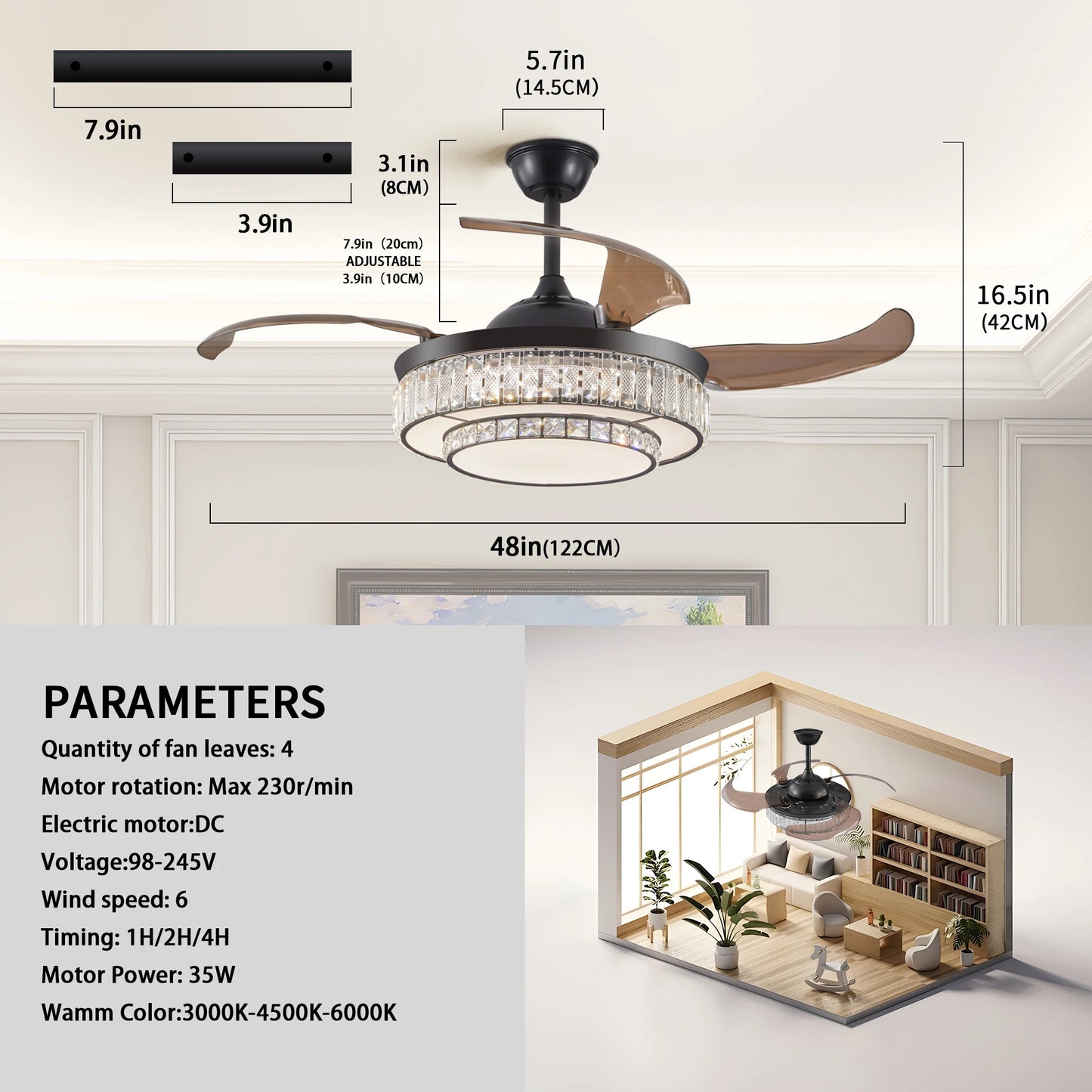 Contemporary LED Retractable Ceiling Fan with Light and Remote Control, Quiet Reversible Motor,4 Blades Modern Ceiling Fans