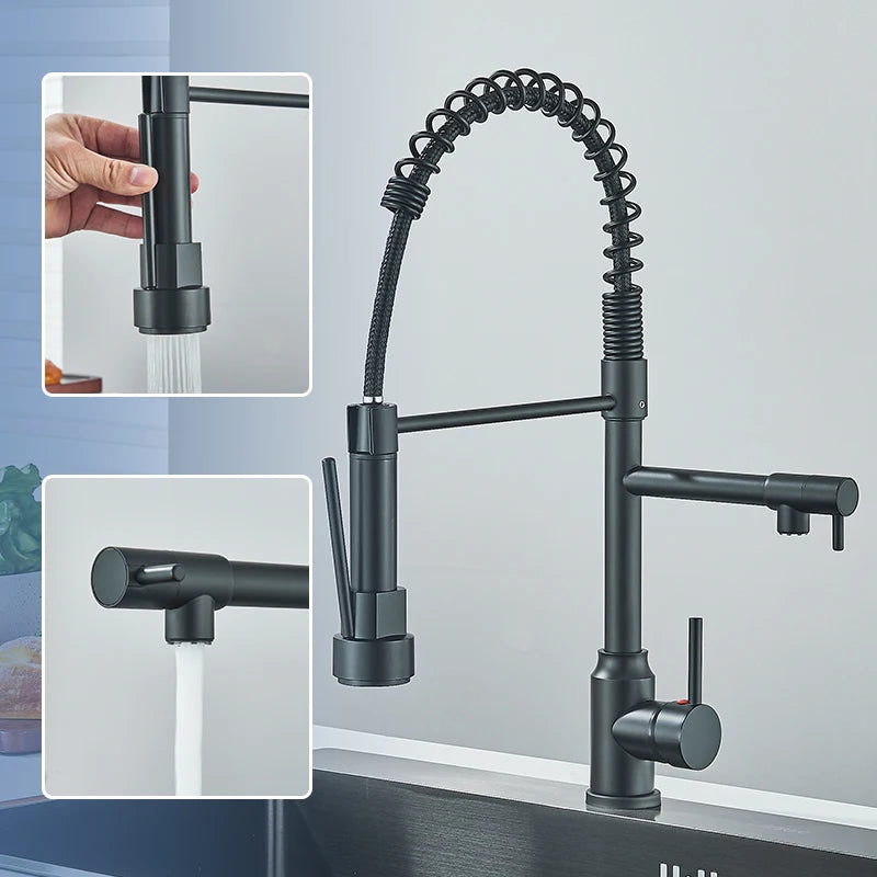 Black Kitchen Faucet With Pull Down Spring Sprayer Deck Mounted Hot and Cold Water Mixer Tap Dual Spout Nozzle Faucets Crane