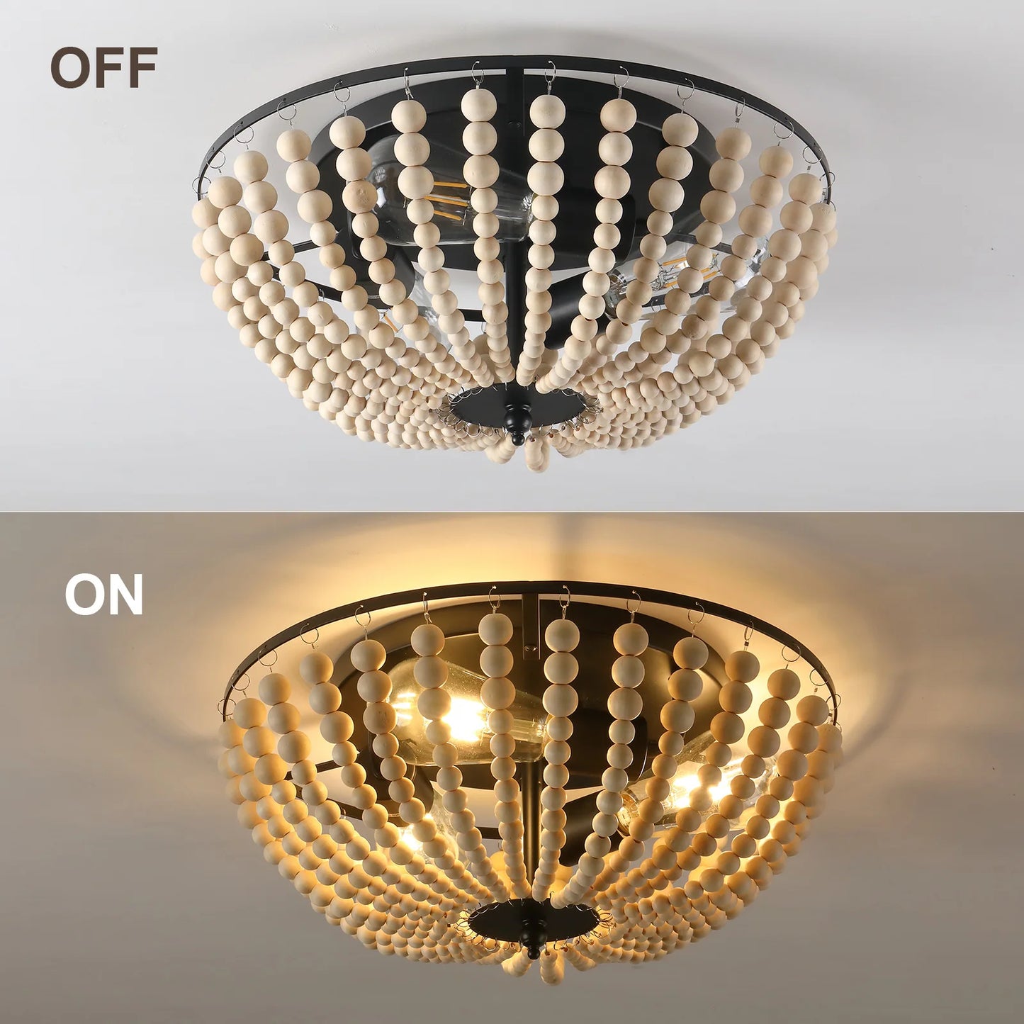 Boho Light Fixtures 3-Light Flush Mount Ceiling Light Wood Beads Ceiling Lights for Kitchen 15in Ceiling Mount Light
