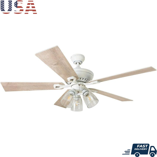 52 Inch Distressed Ceiling Fan with 5 Blades Seeded Glass Light Kit Quiet Reversible Motor Home Décor