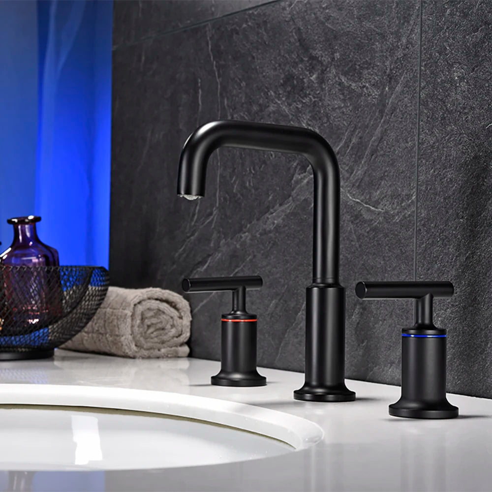 Matt Black Widespread Bathroom Sink Faucet with With CUPC Water Supply Hose and Cartridge