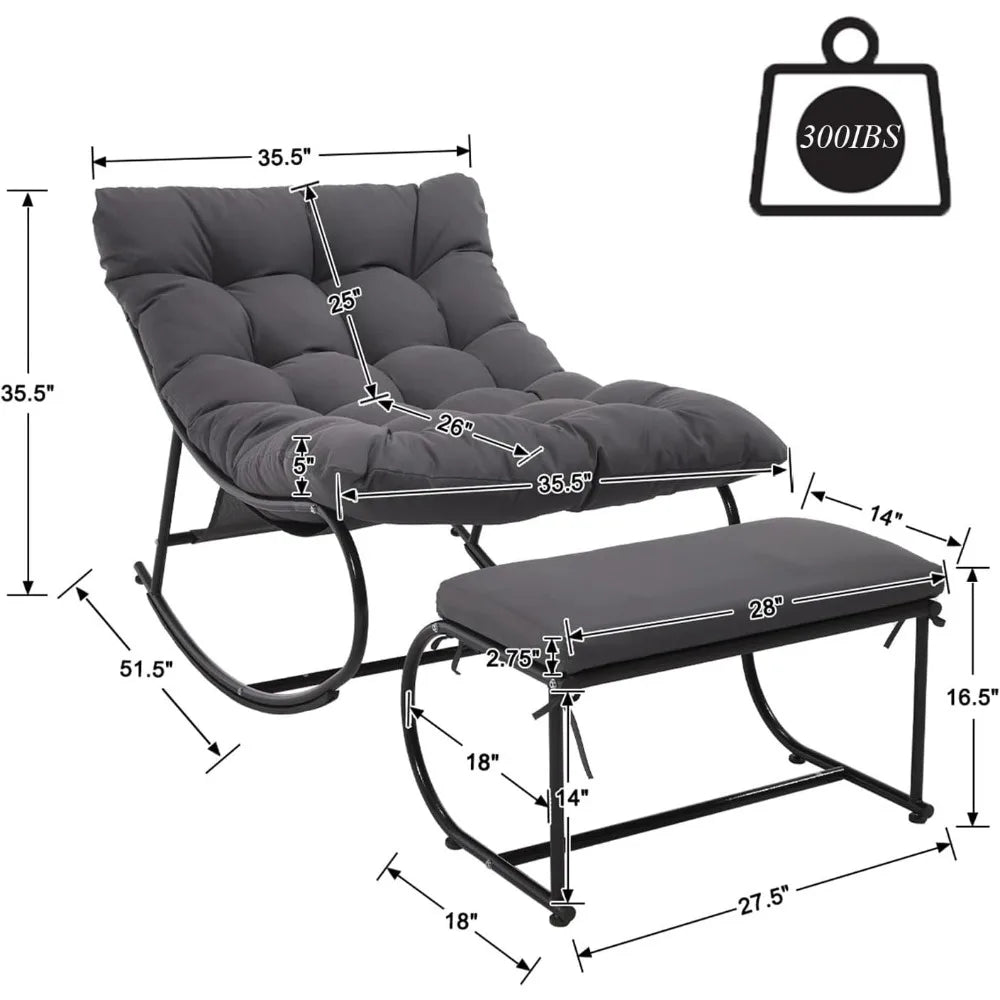 2 Piece Outdoor Rocking Chairs with Ottoman, Patio Oversized Rocking Egg Chair with Cushion, Papasan Chair Set of 2 for Outside,