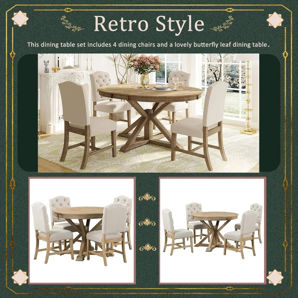 Restaurant Furniture, Extendable Round Kitchen Table Set with 4 Upholstered Chairs, Dining Sets for Kitchen Solid Wood Table