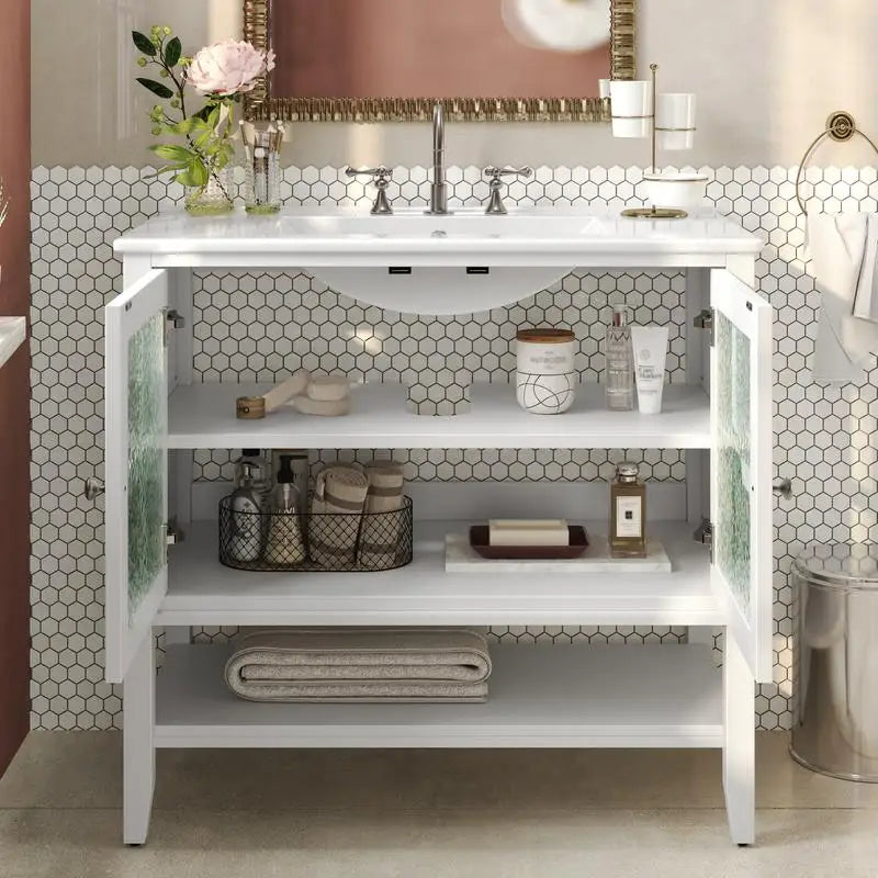 36" Bathroom Vanity with Ceramic Sink and Adjustable Open Shelf, Solid Wood Legs, Waterproof Finish, Silver Knobs, Soft Close
