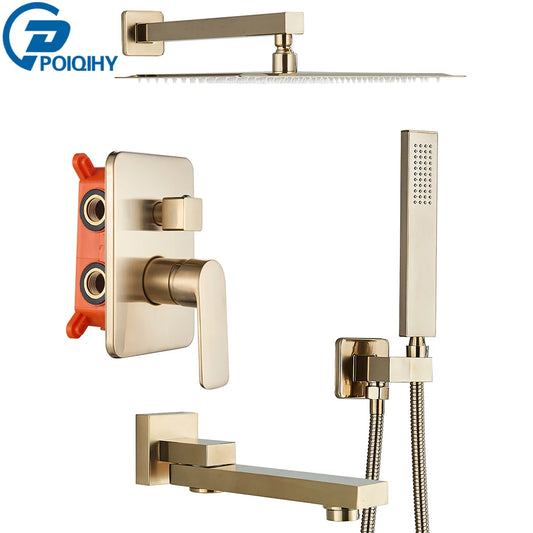 POIQIHY Brushed Golden Shower Faucets Wall Mount Concealed Shower Set Rainfall Bath Shower Mixers 2-3 ways Bathroom Mixer Tap