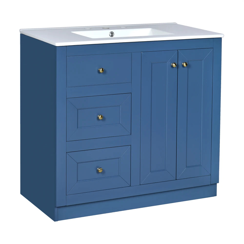 36inch Bathroom Vanity with Ceramic Sink, Bathroom Storage Cabinet with 2 Drawers&  Shelf, Solid Wood and MDF Board