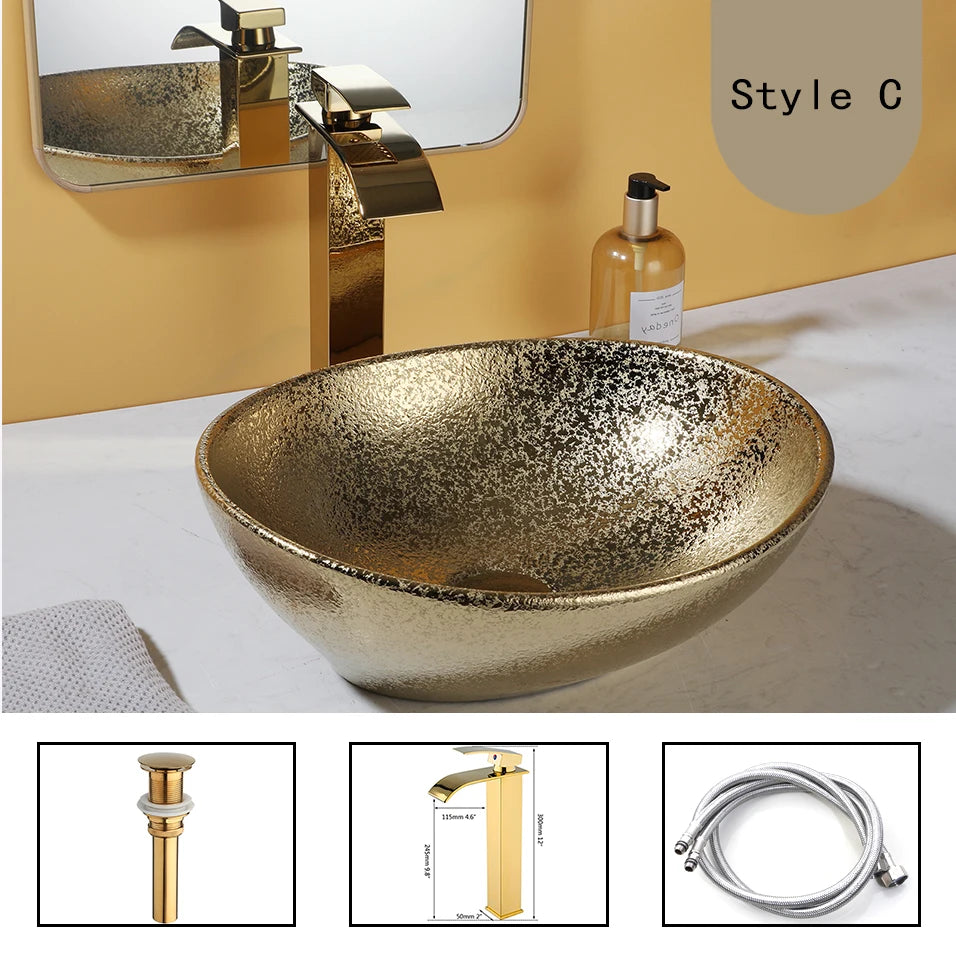 JIENI Gold Ceramic Vessel Sink Set Modern Bowl Washbasin Golden Faucet & Pop Up Drain Combo Basin Tap kit For Luxury Bathrooms