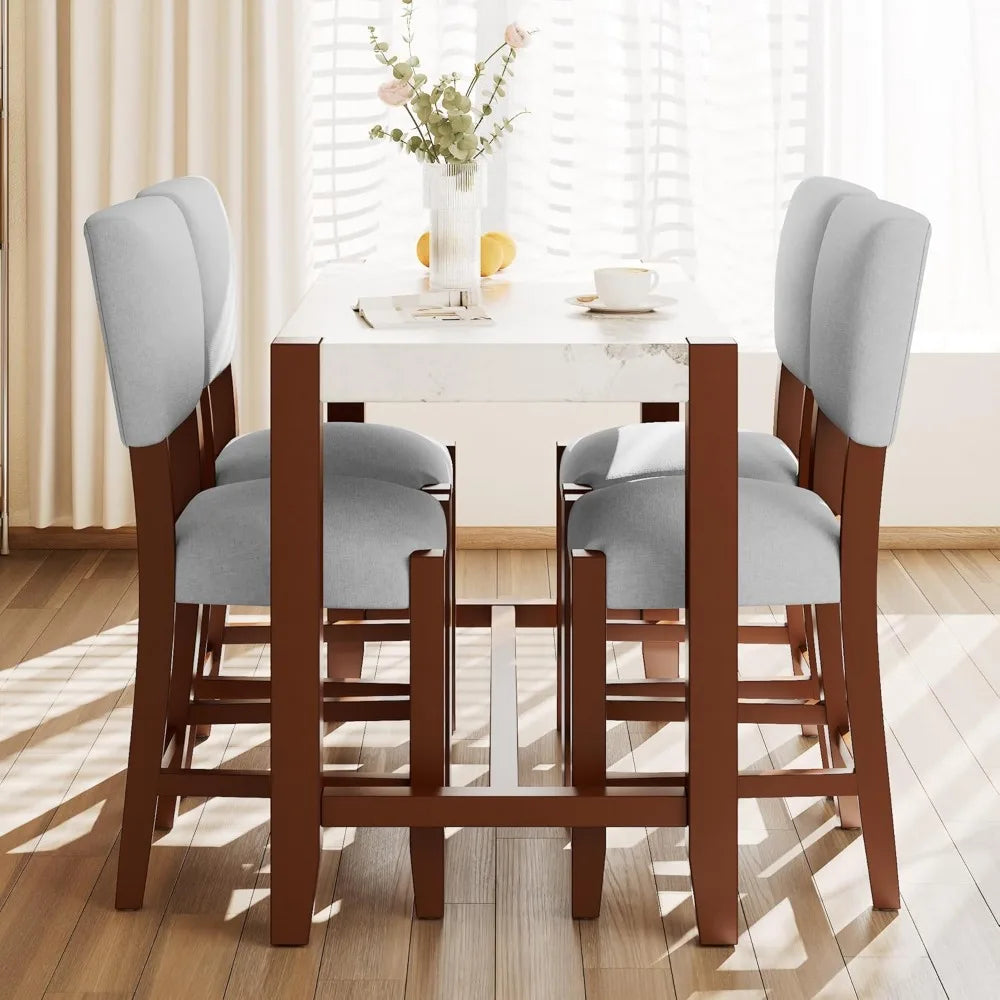 5-Piece Counter Height Dining Set with 1 Faux Marble Top Bar Table and 4 Upholstered Chairs, Mid-Century Modern Kitchen Table S