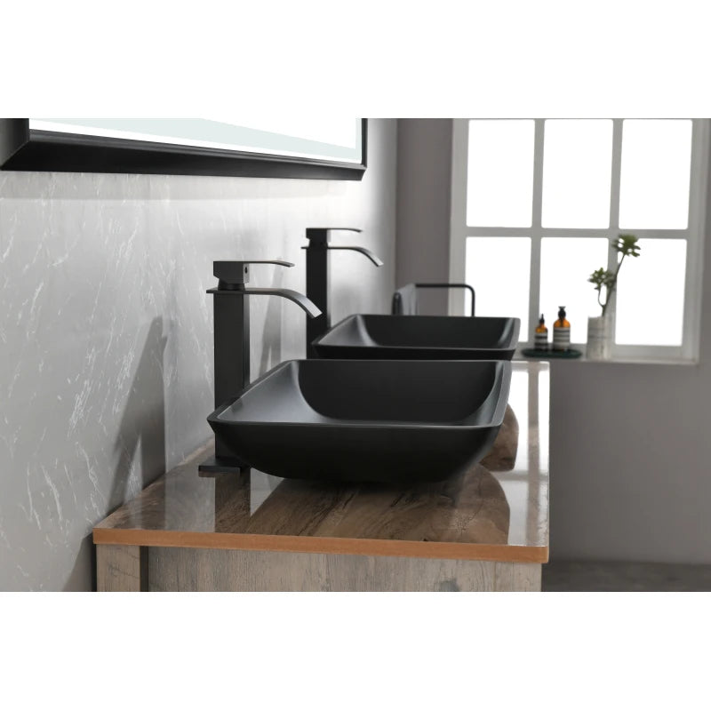14.38 L -22.25 W -4-3/8 in. H Matte Shell  Glass Rectangular Vessel Bathroom Sink in Black with  Faucet and Pop-Up Drain in Matt