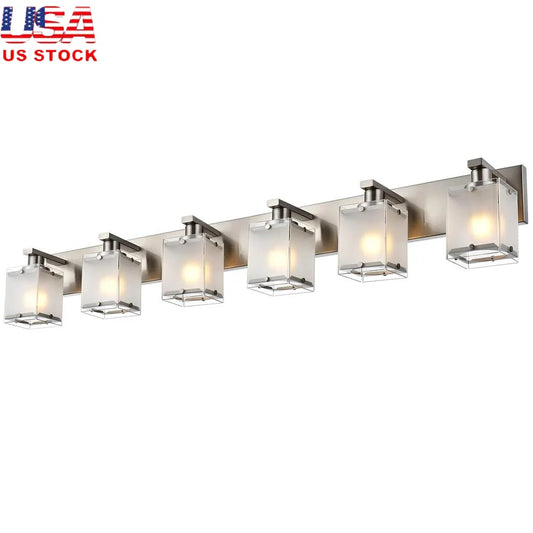 Modern Black Bathroom Vanity Light Fixture with 6 Frosted Glass Rectangular Shades