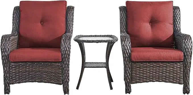 Patio Bistro Set Wicker Chairs - 3 Piece Outdoor Rattan Conversation Set with 2 Armrest Chair and 1 Side Table for Proch Deck