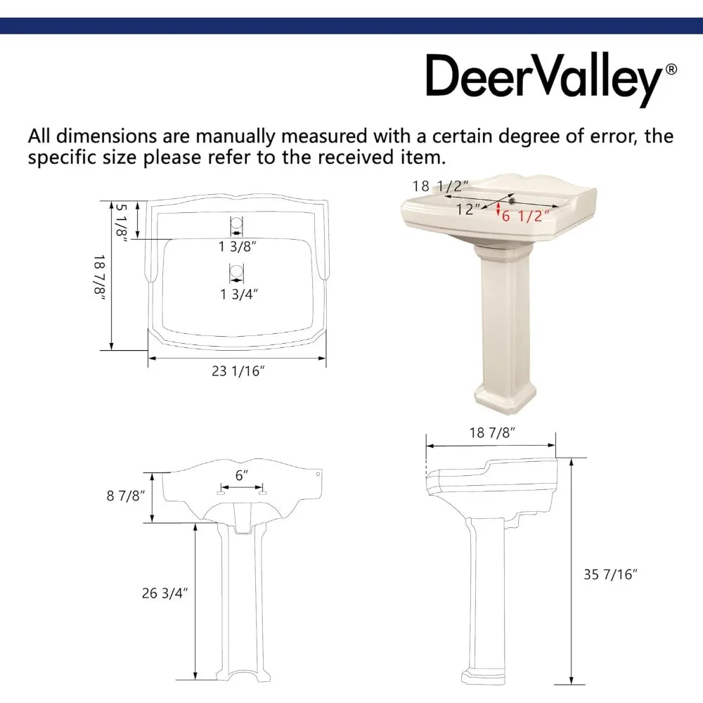 DeerValley - 23" x 19" Inch Bone Color Pedestal Sink Combo, Ceramic Pedestal Sink for Bathroom, with Overflow Hole 1 Faucet Hole