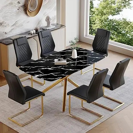 Modern Dining Table Set for 6, 63" Dinner Table Set for 6,Marble-Patterned Tempered Glass Kitchen Tabletop Silver Legs and 6 Bla