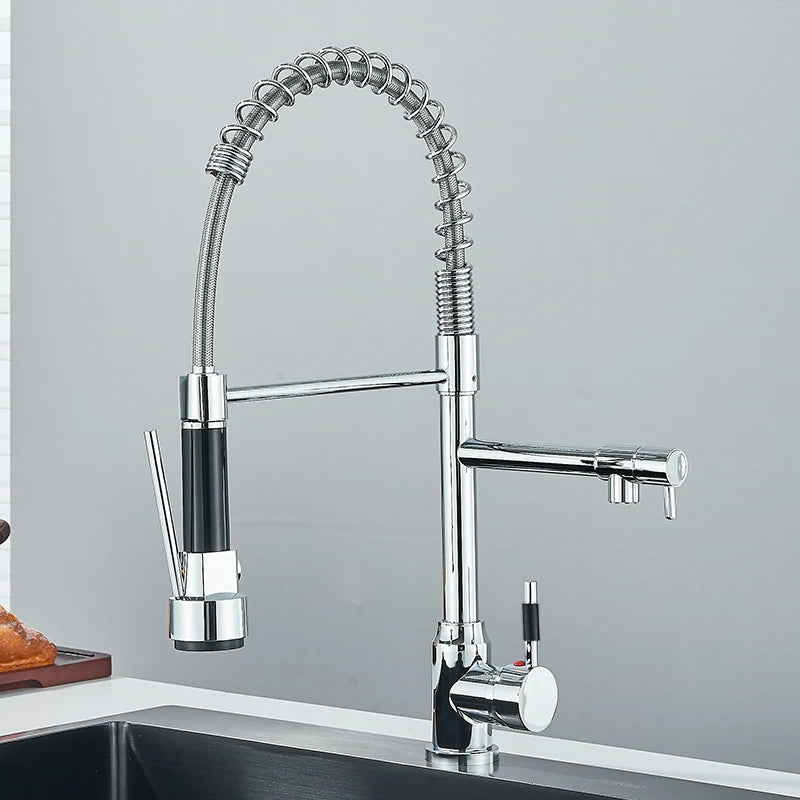 Black Kitchen Faucet With Pull Down Spring Sprayer Deck Mounted Hot and Cold Water Mixer Tap Dual Spout Nozzle Faucets Crane