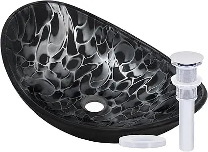 MNO-G1308210 Oval 21-1/2" Tempered Glass Vessel Bathroom Sink - Brushed Nickel Drain