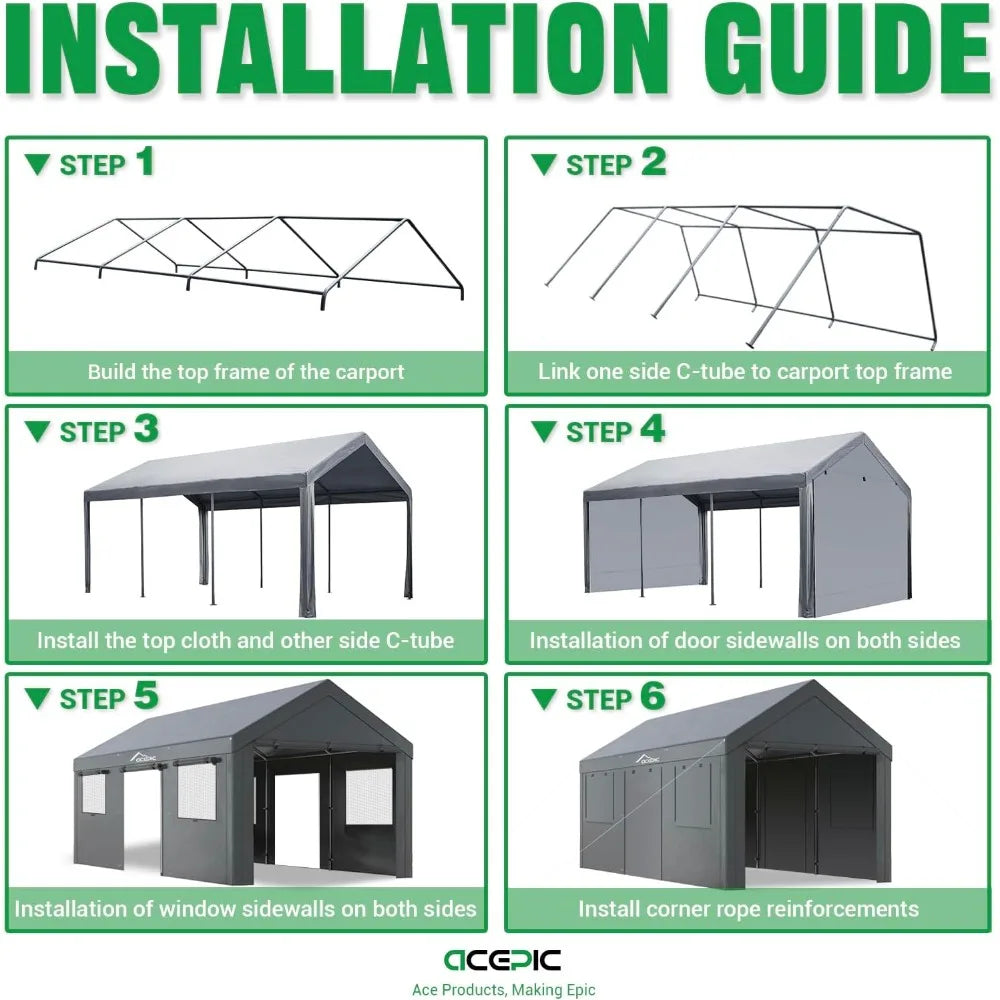 Carport 10x20ft Heavy Duty Carport Features Roll-up Windows & Doors, Portable Garage with UV Resistant Waterproof All-Season Tar