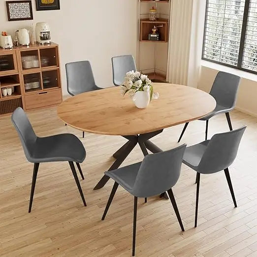 43.2"-59.1" Extendable Round Dining Table Set, Wooden Round Table for 4-6 Person, Oak Coffee Table w/Scratch-Resistant Tabletop