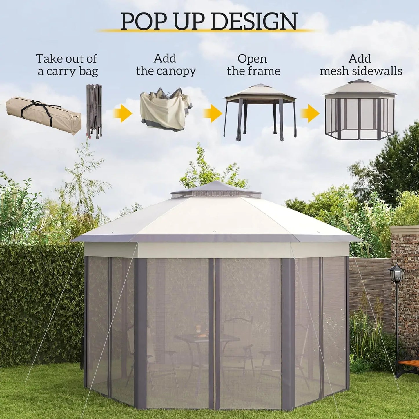 13' x 13' Pop Up Gazebo, Hexagonal Canopy Shelter with 6 Zippered Mesh Netting, Event Tent with Strong Steel Frame for Patio