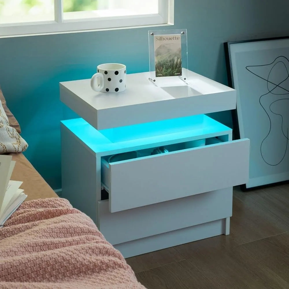 LED Nightstand Set of 2 with 2 Drawers, Bedside Table with Drawers for Bedroom Furniture, Side Bed Table