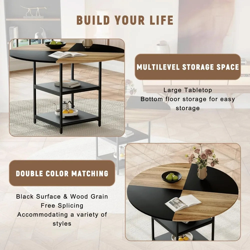 Round Dining Table Set for 4, 47” 5-Piece Dining Set with 2-Tier Storage Shelf and Space-Saving Design, Modern Table and Chairs