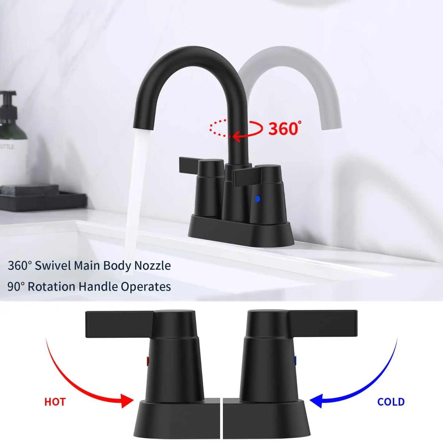 Matte Black 2-Handle Bathroom Faucet - 360° Swivel, Centerset 4-Inch Vanity Sink Fixture, 3 Holes Lavatory Mixer