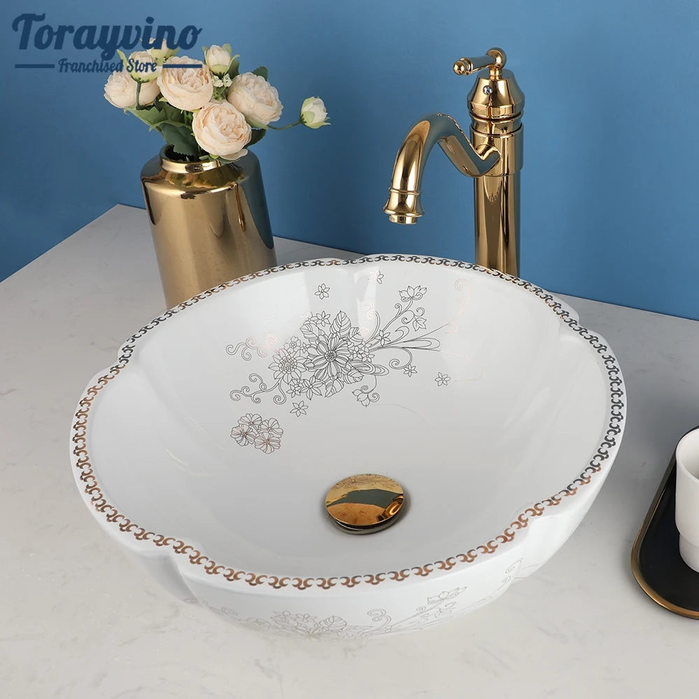 Torayvino Bathroom Basin Sink Faucet Combo Ceramic Lavatory Above Counter Art Basin Vanity Sink Matter Black Faucet Mixer
