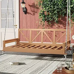 Patio Twin Size Garden Swing Bed, Acacia Wood Porch Swing Hanging Bed Frame with 16.4ft Hemp Ropes for Garden, Backyard, Brown