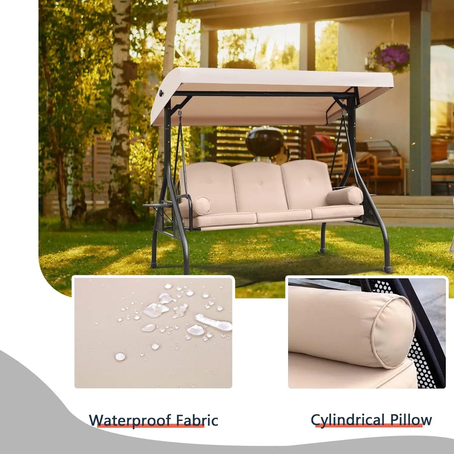 Patio Porch Swing, 3-Seat Outdoor Swing with Adjustable Canopy, Waterproof Fabric Cushion, Pillow and Foldable Side Tray for