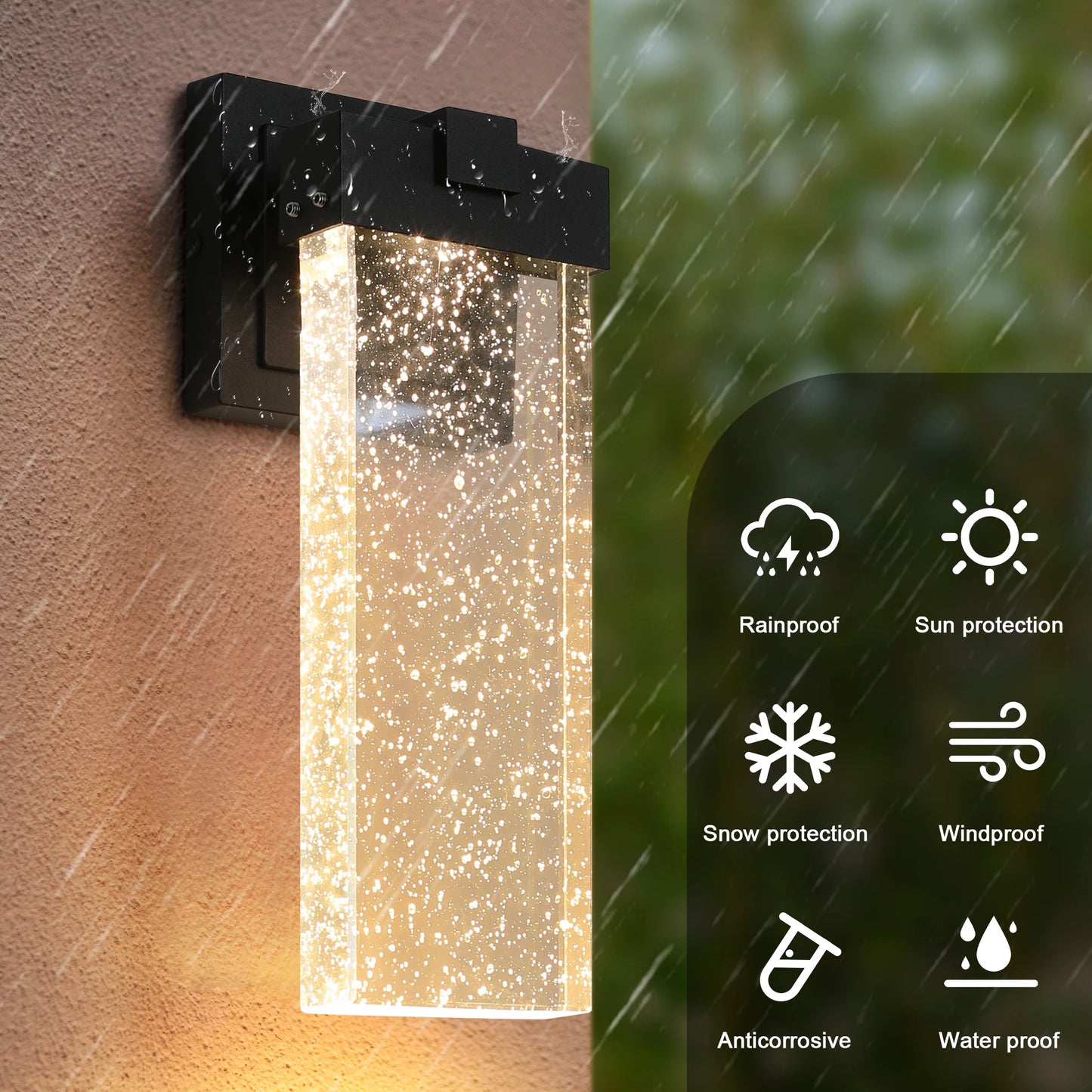 Modern outdoor wall light with light sensing, black LED wall light with bubble glass, waterproof external lighting (2 pack)
