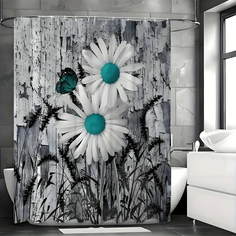 Teal Daisy Shower Curtain - Water-Repellent And Leak-Resistant, Mold And Mildew Resistant For