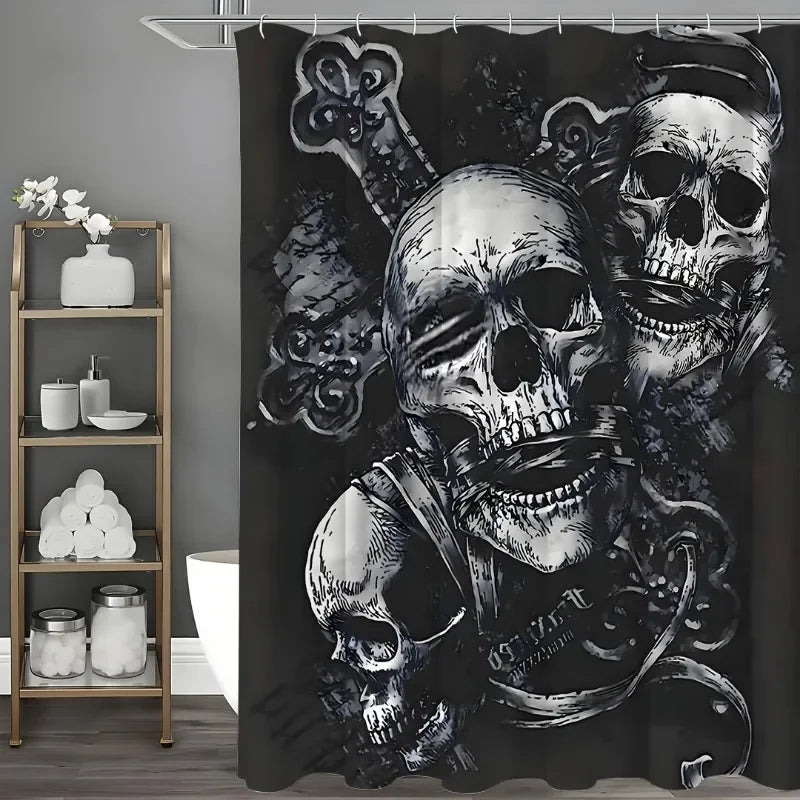 1pcs Gothic Three Skull Shower Curtain Set，12 Hooks,Options for Stylish Bathrooms