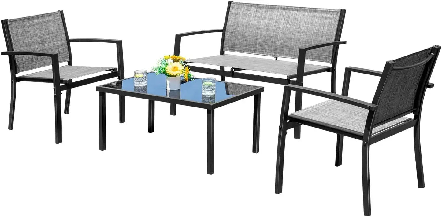 4 Pieces Patio Furniture Set Outdoor Garden Patio Conversation Sets Poolside Lawn Chairs with Glass Coffee Table Porch Furniture