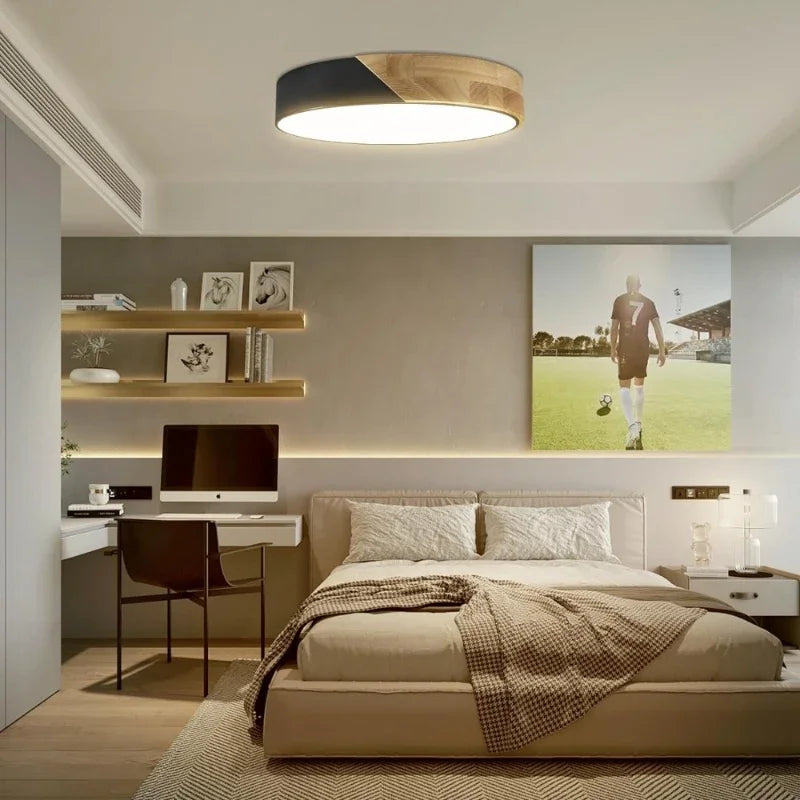 Led Ceiling Light Flush Mount 12 Inch/30cm 24W Bedroom Light Fixture with Round Wood Warm White 3000K Not Dimmable