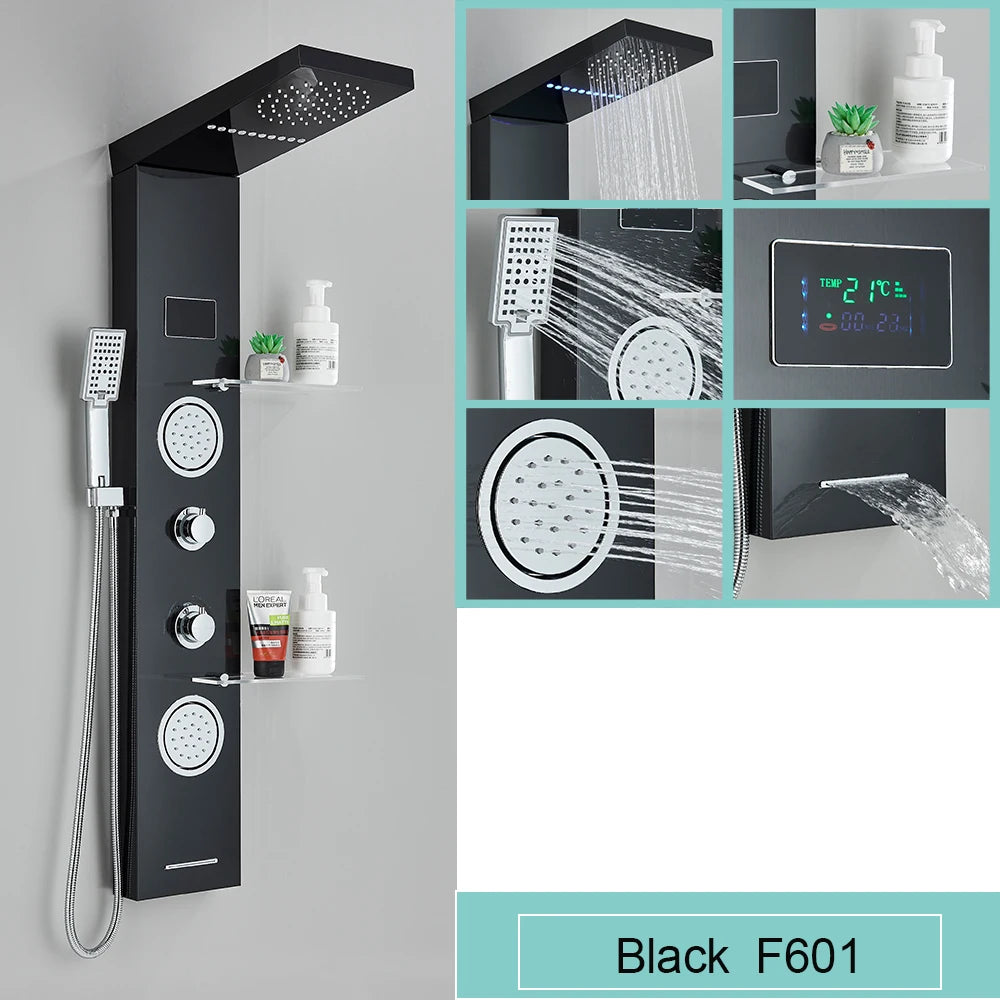 Black LED Light Shower Panel Waterfall Rain Shower Faucets SPA Massage Jet Bath Shower Column Shower system Mixer Tap Tower