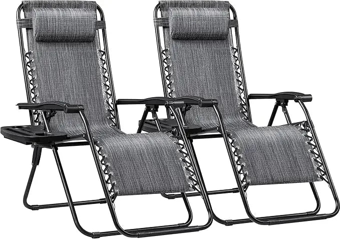 Zero Gravity Chairs Set of 2 Adjustable Steel Mesh Recliners Beach Deck Lawn Camping Patio Foldable Lounge Chair with Cup Holder