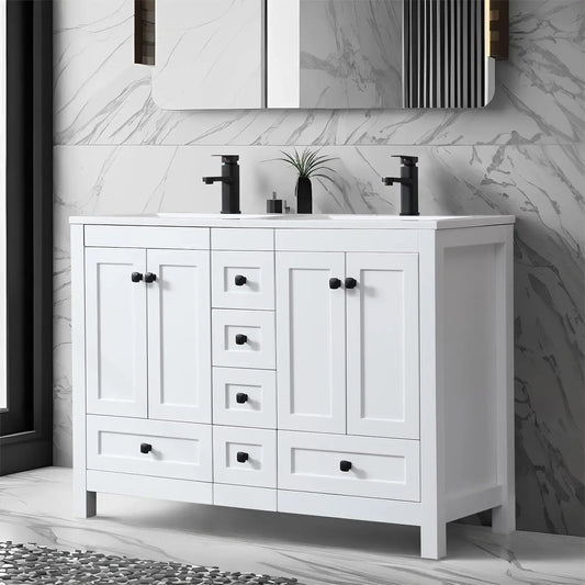 48" Bathroom Vanities Cabinet with Sink Combo Set, Undermount Double Resin Sink w/Thickened Wood, Matte Black Faucet, White