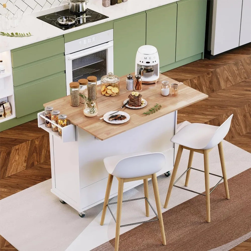 Rolling Kitchen Island on Wheels with Drop-Leaf, Mobile Kitchen Island Cart with 3 Drawers Storage Cabinet, Wood Countertop, Ad